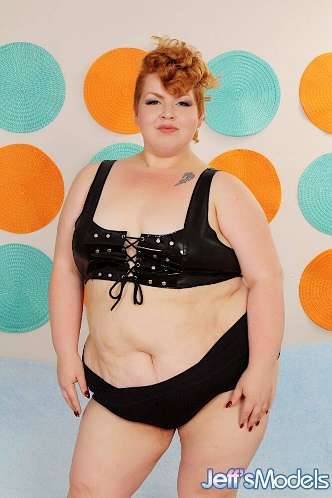 Obese redhead Velma Voodoo gets naked in heels before blowing two men - #9