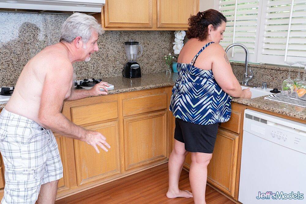 Obese older lady Lacy Bangs fucks her husband after catching him jerking off - #11