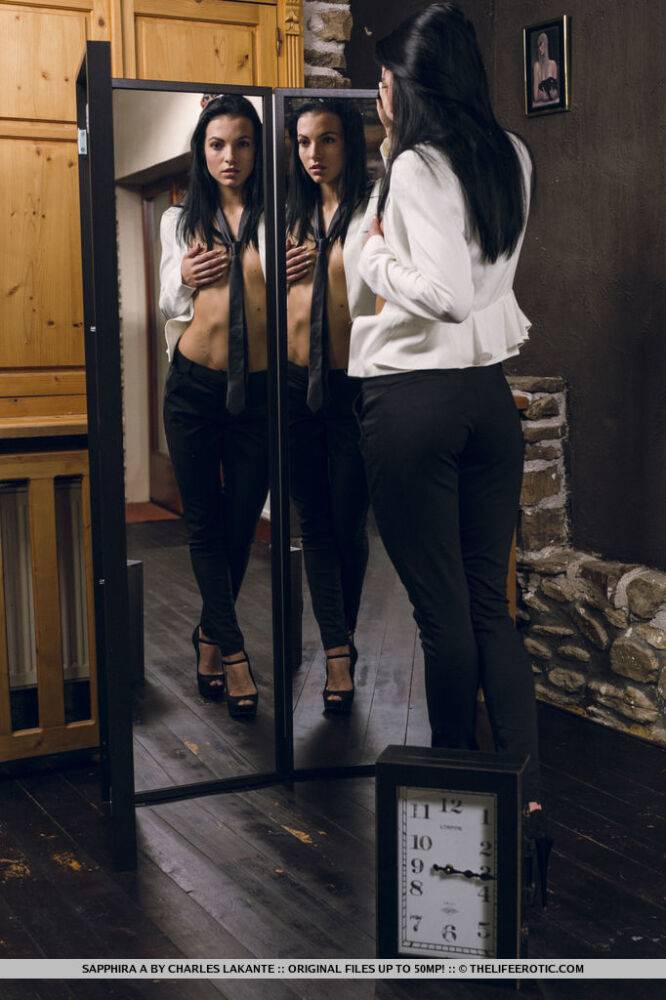 Dark-haired girl Sapphira A admires herself in a mirror while stripping naked - #2