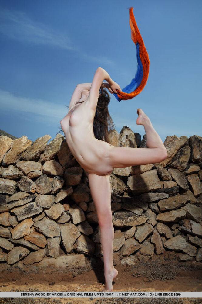 Naked teen Serena Wood strikes great solo poses by a dry stacked stone wall - #3