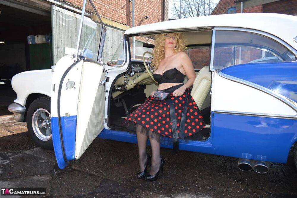 Blond amateur Barby Slut flashes by a vintage auto before sex at home on a bed - #3