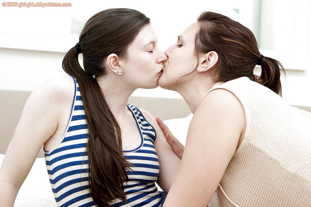 All natural amateur lesbians Katherine F and Mia H kiss and lick clitoris - #3