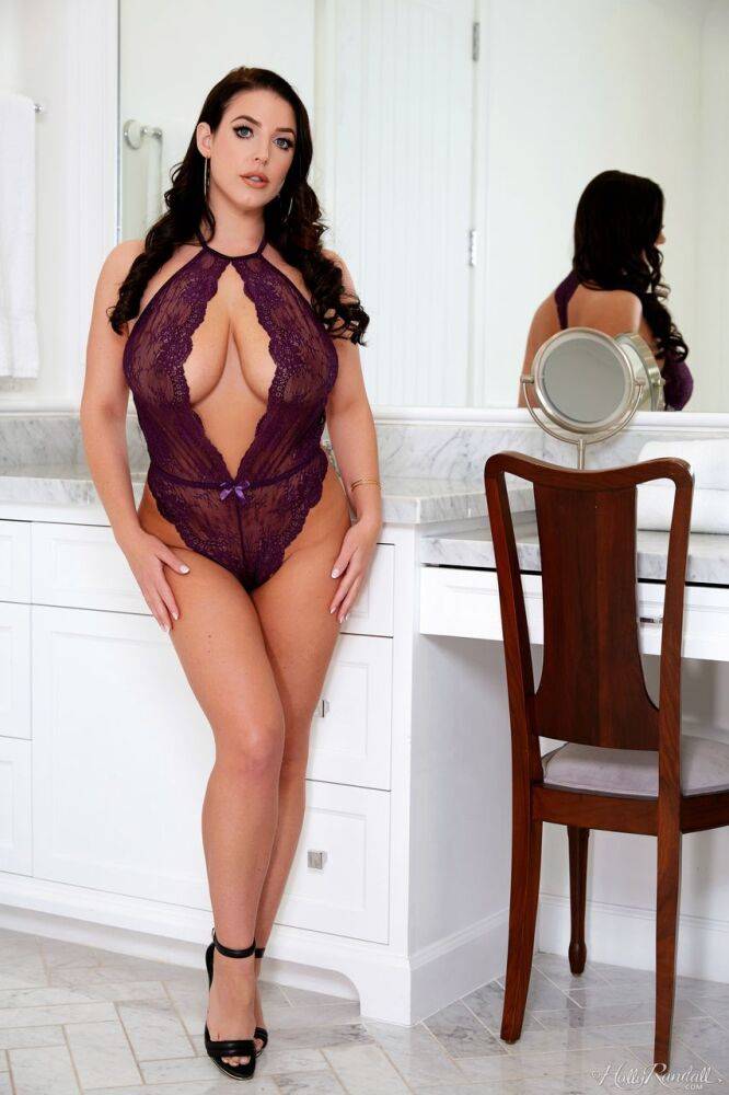 Busty brunette Angela White discards her lingerie before parting her cunt lips - #6