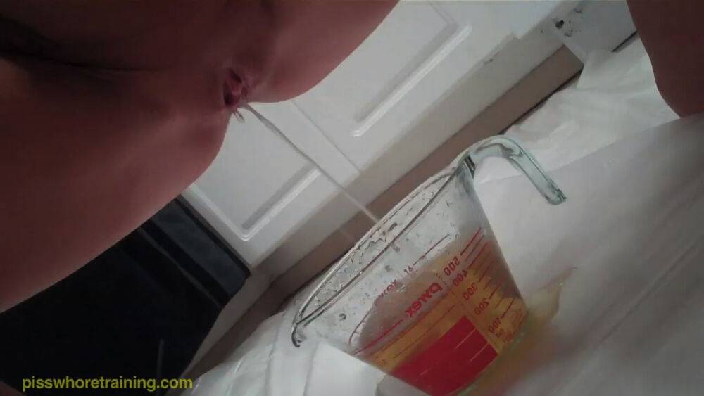 Young blonde slut get to drink her own piss on a glass - #10