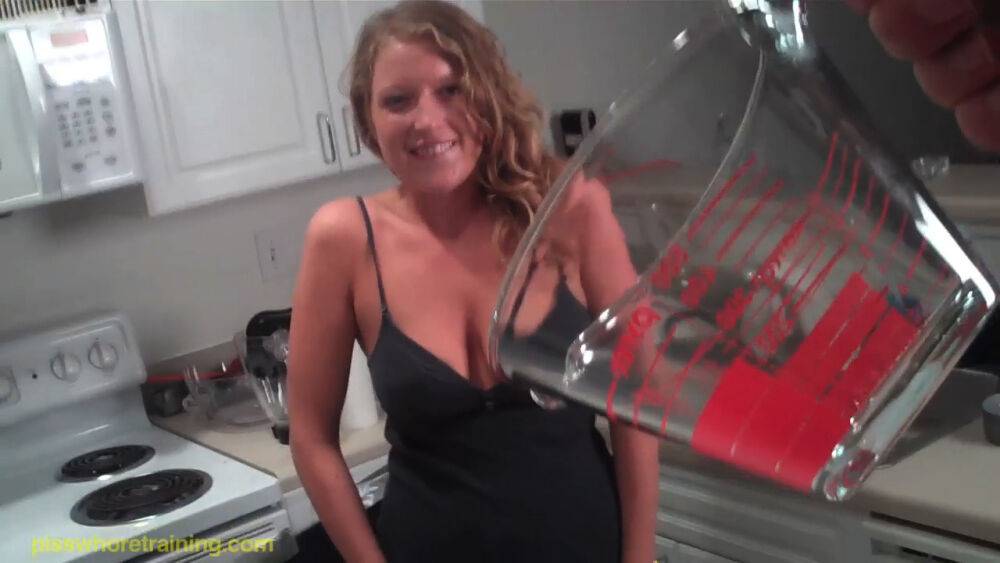 Young blonde slut get to drink her own piss on a glass - #9