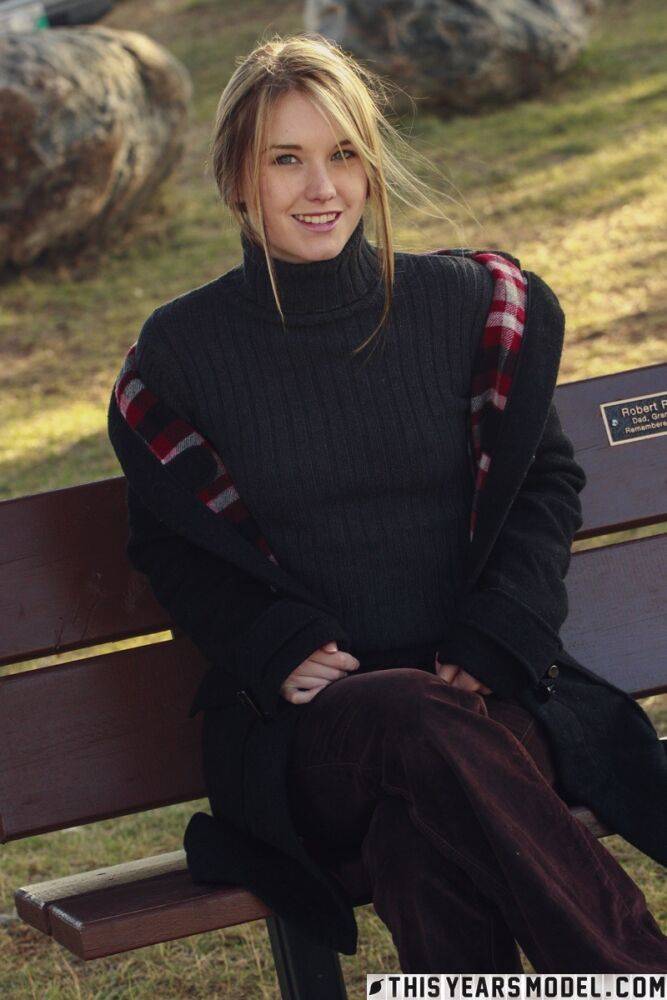 Beautiful blonde Jewel exposes her tits and pussy on a park bench - #4