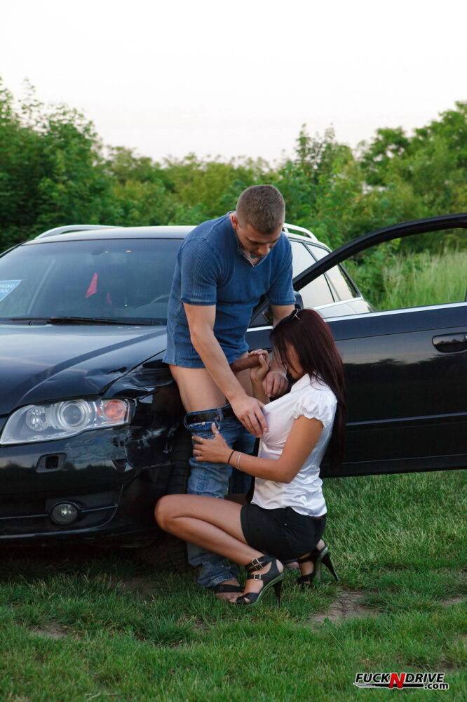 Brunette chick and her man friend have sex over a parked vehicle - #8