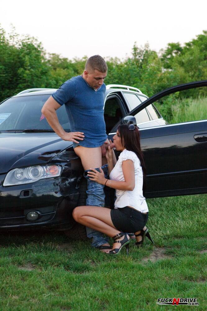 Horny couple have sex on and beside their car off of a gravel road - #13