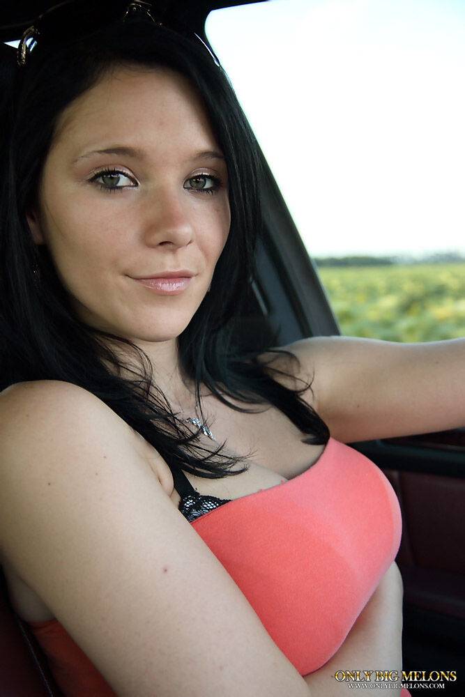 Pretty brunette uncovers her big boobs while driving a vehicle - #3