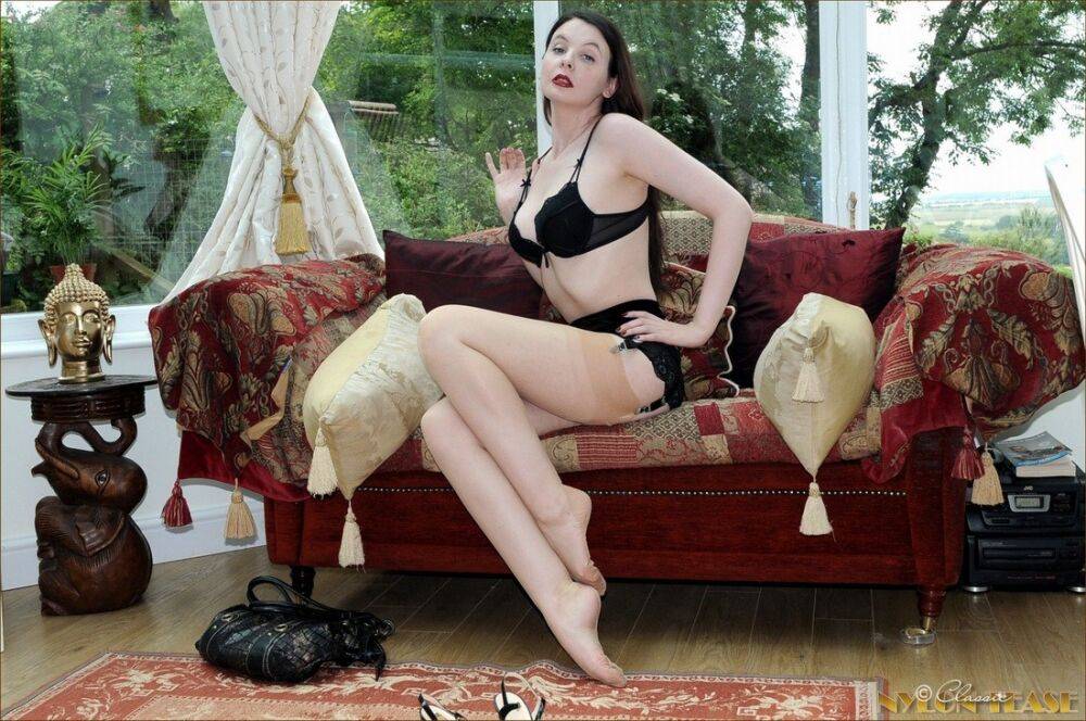 Dark haired female Lady Bonnefoy goes topless on a sofa in nylons and garters - #13