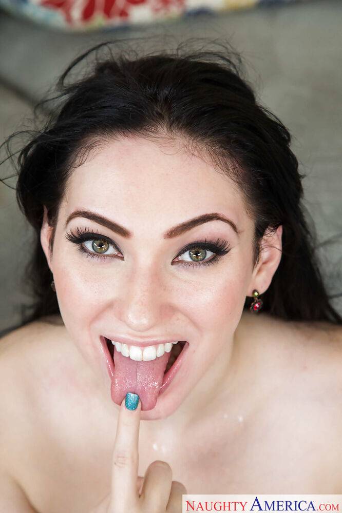 Brunette hottie Aria Alexander using painted red lips and tongue on penis - #3