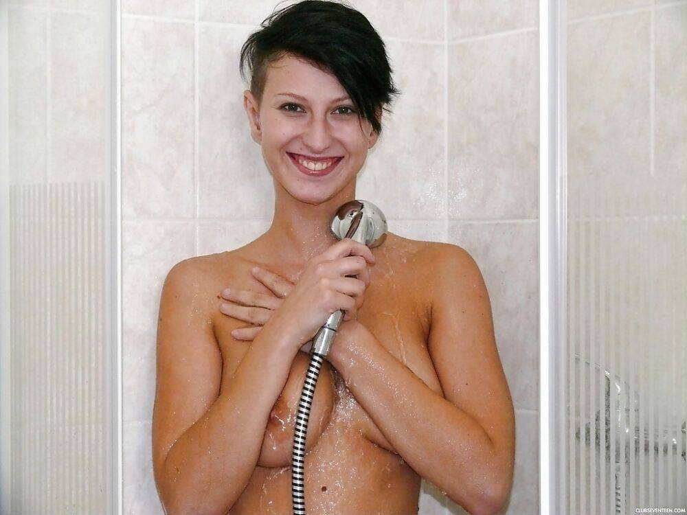 Short haired teen Nicoletta H wetting big natural tits in shower - #2