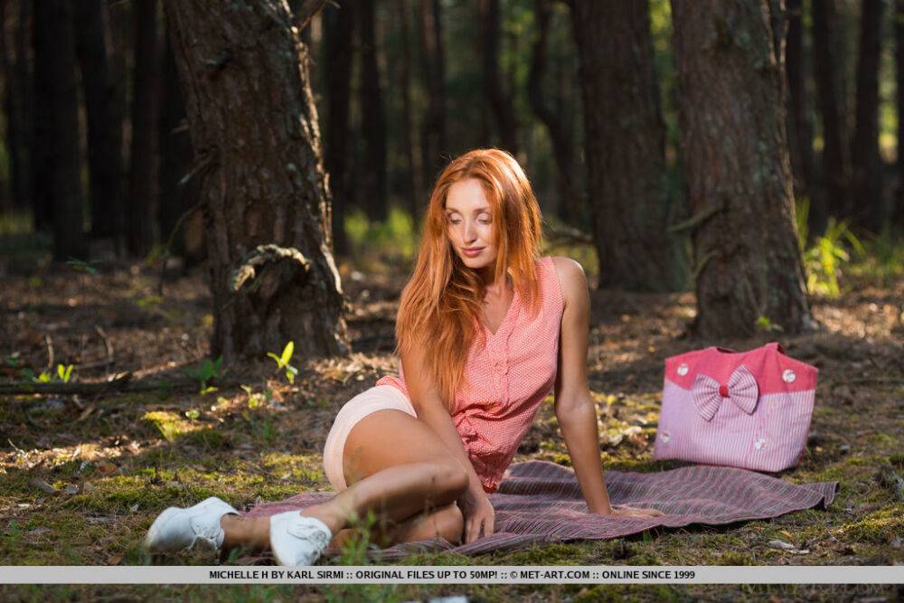 Natural redhead Michelle H disrobes for great nude poses on a blanket in woods - #11