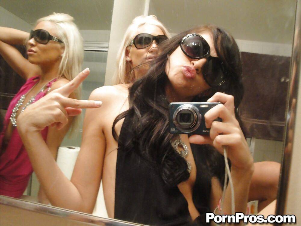 Skinny girls Kacey and Zoey showing off teenie tits while taking mirror selfie - #1