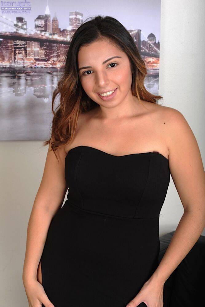 Latina teen Luna Leve peels her black dress to pose naked showing small tits - #15