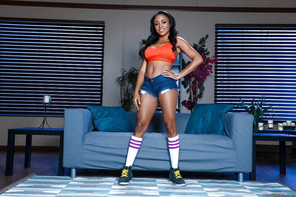 Black hottie Anya Ivy posing in knee high sport socks after undressing - #15