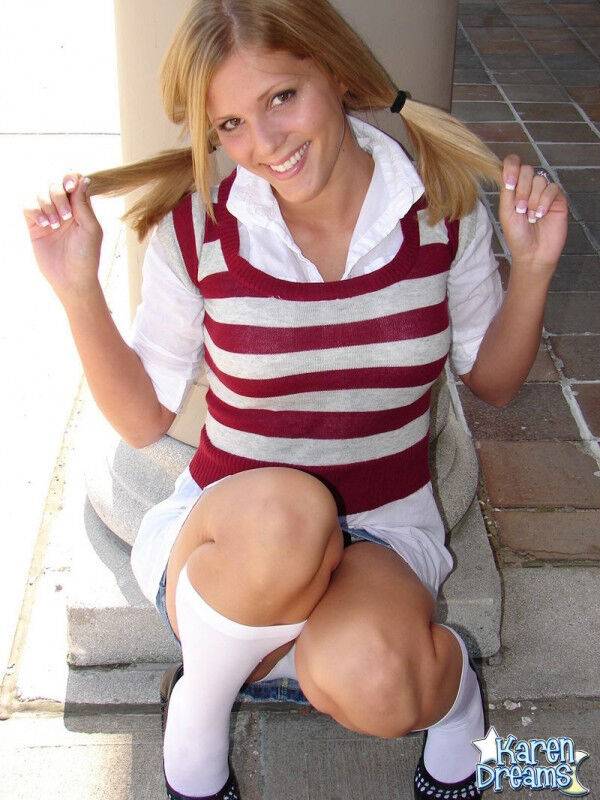 Blonde student Karen exposes her white underwear during upskirt action - #3