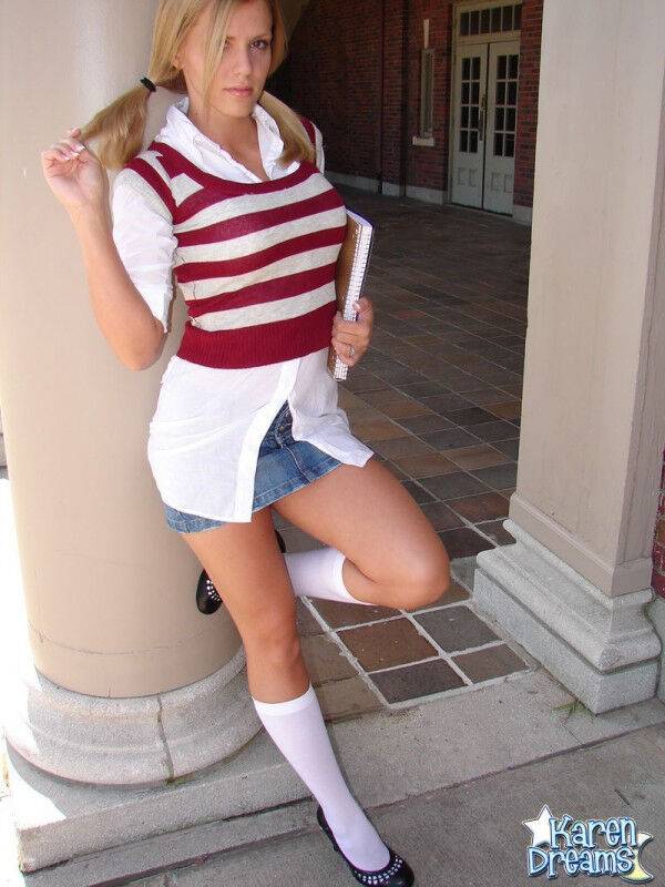 Schoolgirl Karen tugs on her pigtails while exposing cotton underwear - #3