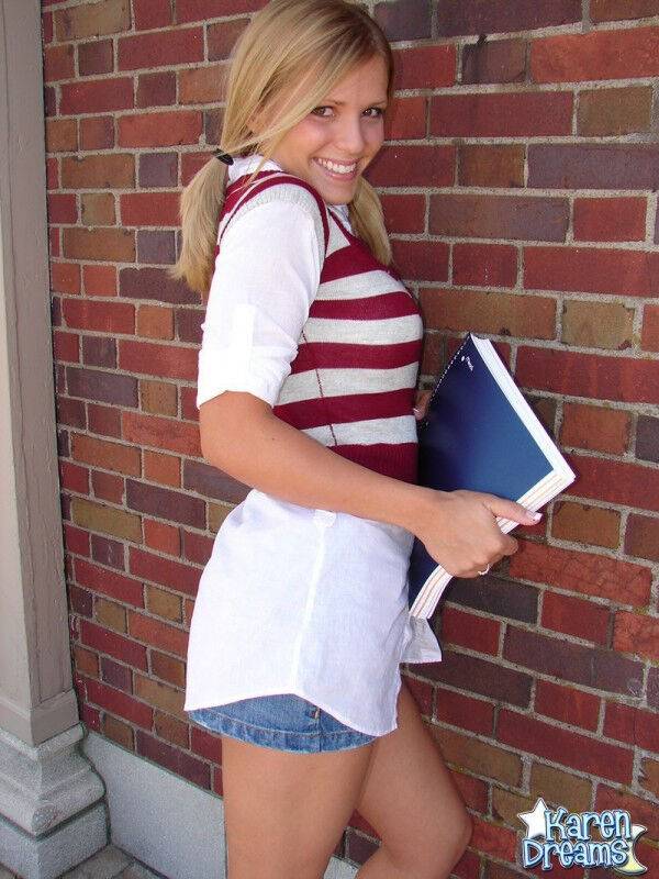 Schoolgirl Karen tugs on her pigtails while exposing cotton underwear - #2