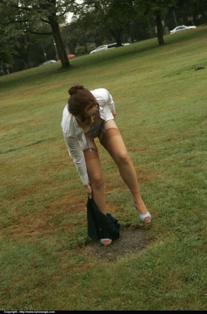 Amateur chick Dirty Angie strips to her pretties and tan nylons in a park - #2