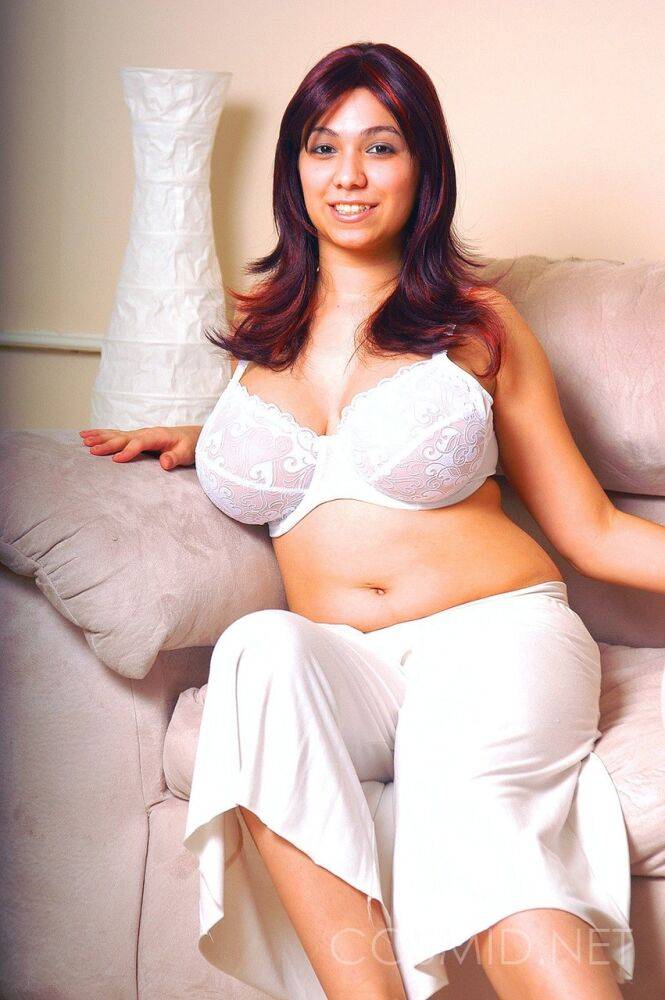 Sexy dark haired Elizabeth modeling her massive fatty tits in white lace bra - #8