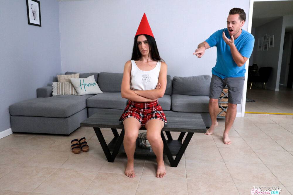 Dark-haired teen Angelina Lati wears a dunce hat before sex with her stepbro - #11