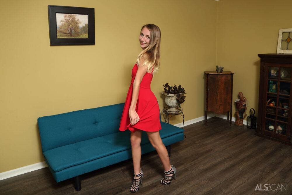 Young blonde Macy Meadows doffs a red dress before playing with her pussy - #9