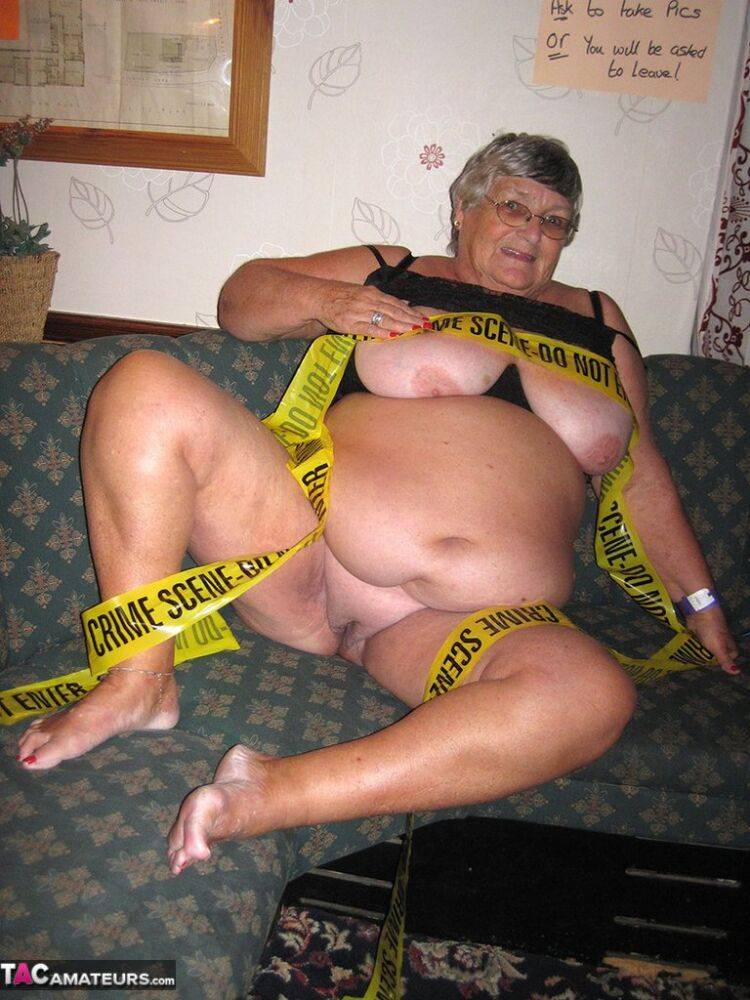 Obese granny Grandma Libby wraps her mostly naked body in crime scene tape - #4