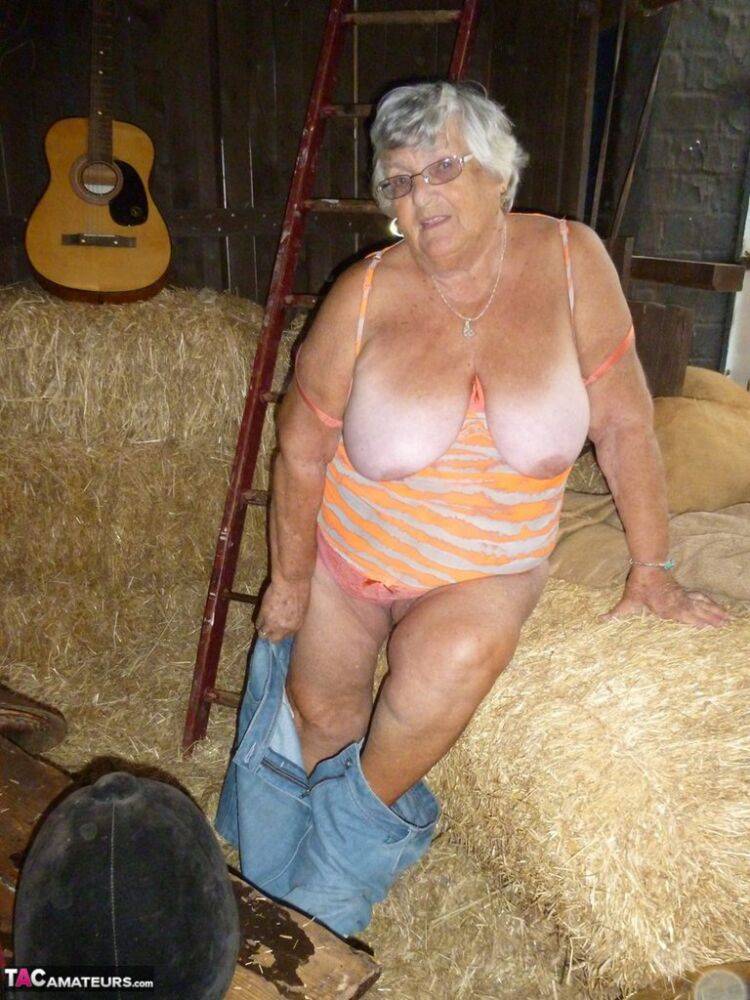 Fat oma Grandma Libby gets naked in a barn while playing acoustic guitar - #9