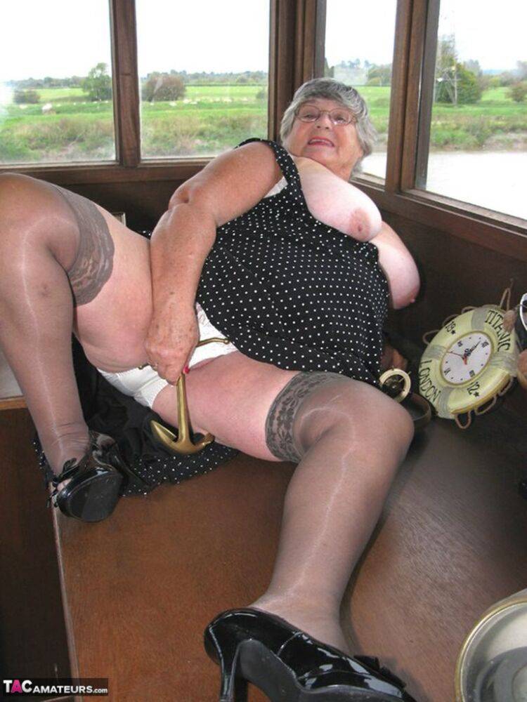 Fat British nan Grandma Libby masturbates in stockings while on board a boat - #7