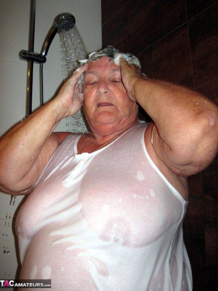 Obese amateur Grandma Libby blow drys her hair after taking a shower - #8