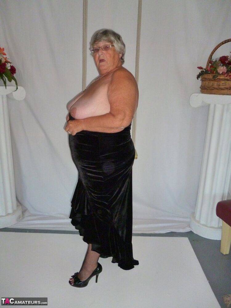 Fat nan Grandma Libby takes off a black dress to model naked in stockings - #10