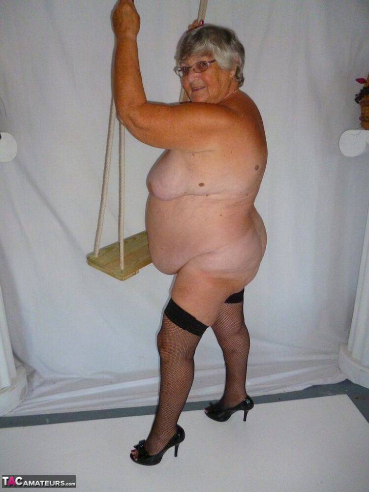 Fat nan Grandma Libby takes off a black dress to model naked in stockings - #12