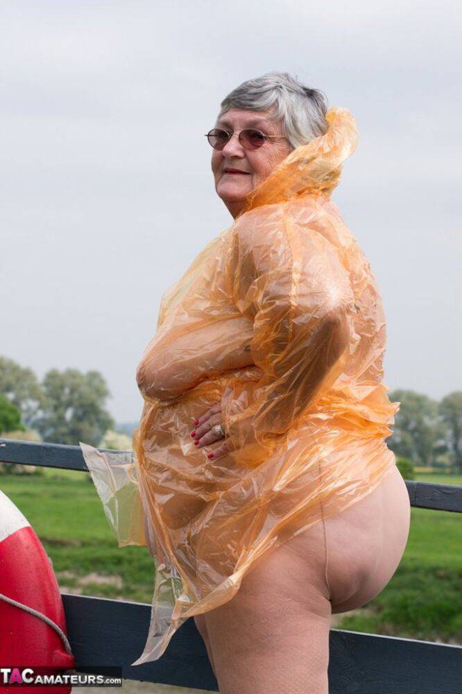 Obese British amateur Grandma Libby casts off a see-through raincoat - #5