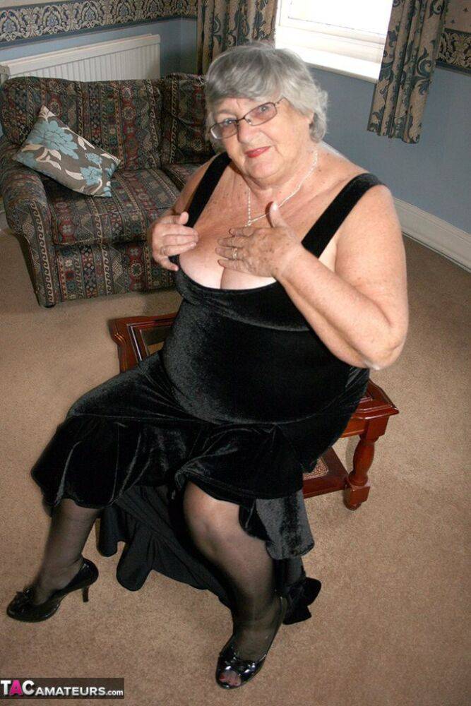 Obese UK senior citizen Grandma Libby goes naked on a loveseat in stockings - #5