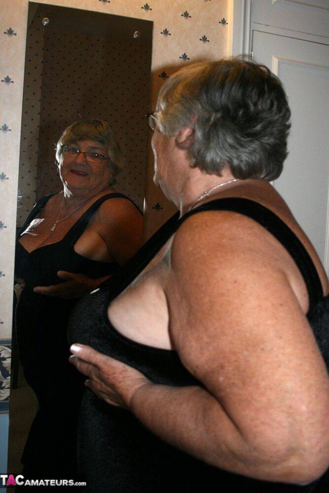 Obese UK senior citizen Grandma Libby goes naked on a loveseat in stockings - #3