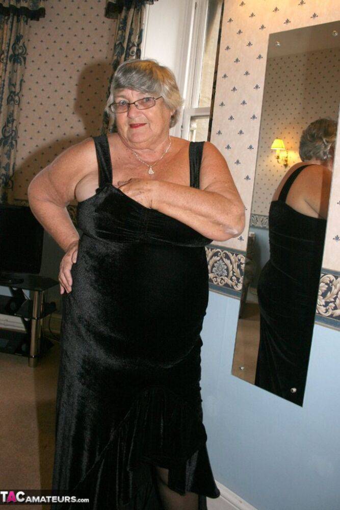 Obese UK senior citizen Grandma Libby goes naked on a loveseat in stockings - #12