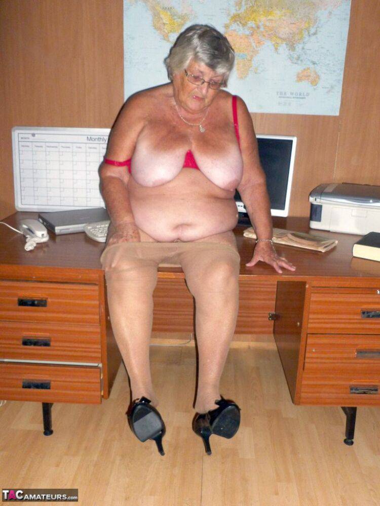 Obese British nan Grandma Libby gets totally naked on a computer desk - #9