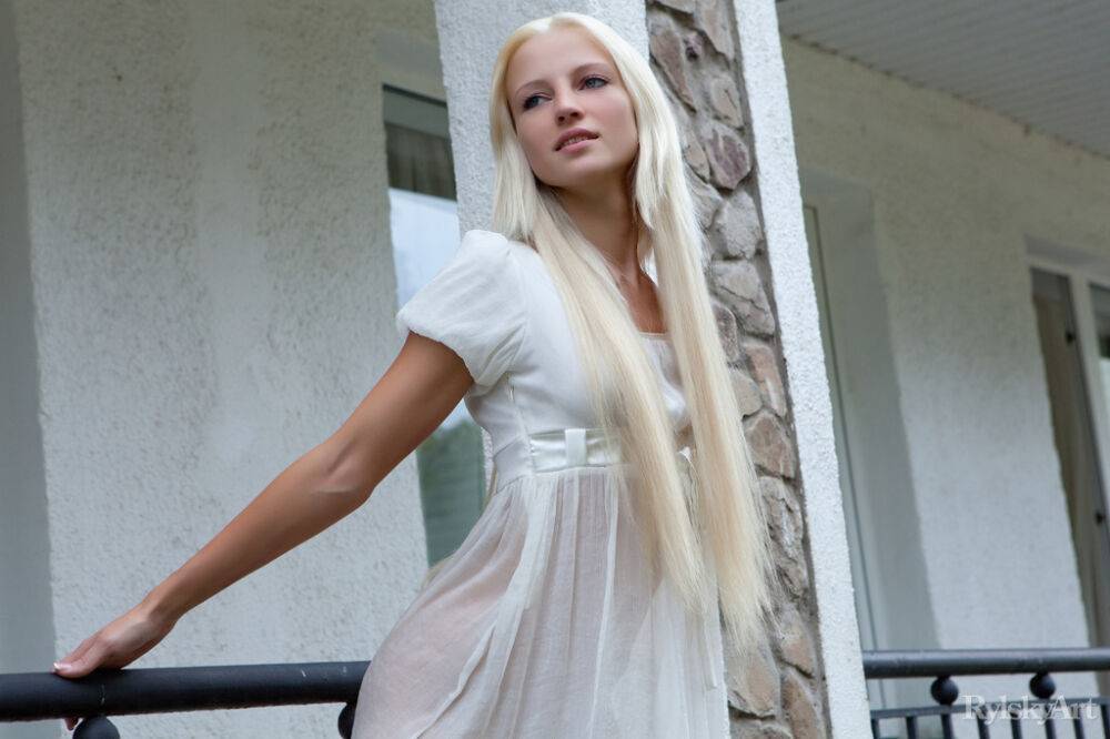 Innocent blonde teen from Estonia frees her girl parts from her white dress - #12