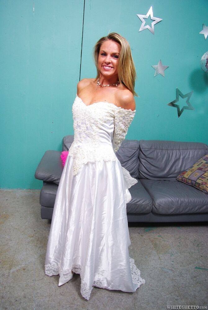 Clothed bride Amanda Blow shedding wedding dress before MMF sex - #12