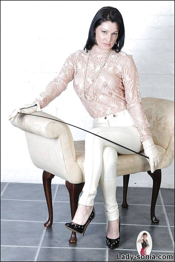 Seductive fetish lady posing in sheer blouse and white tights - #5