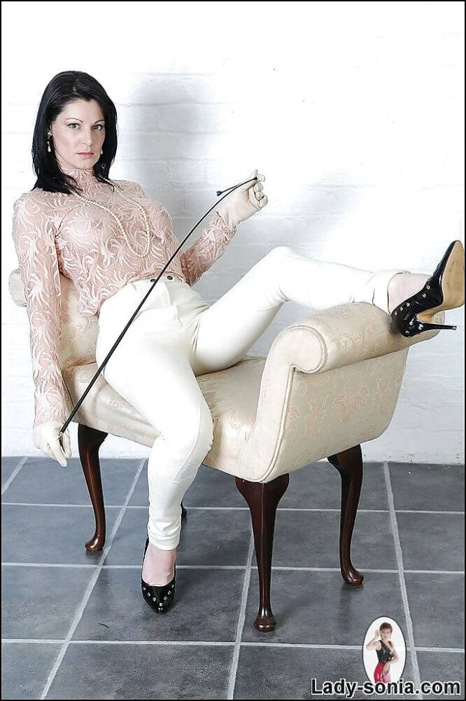 Seductive fetish lady posing in sheer blouse and white tights - #3