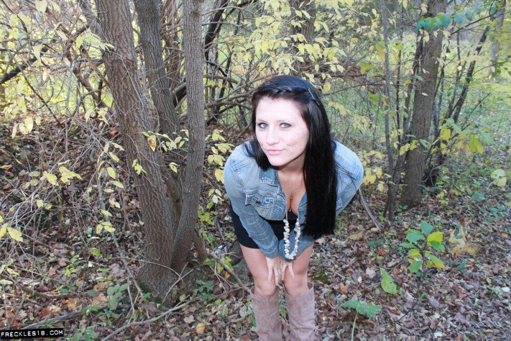 Erotic amateur Freckles teases in the woods wearing a white thong and boots - #12