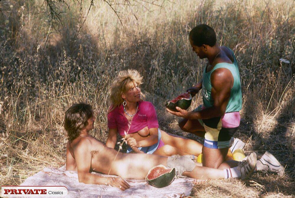 Blonde chick from the seventies bangs a white and black dude in a field - #12