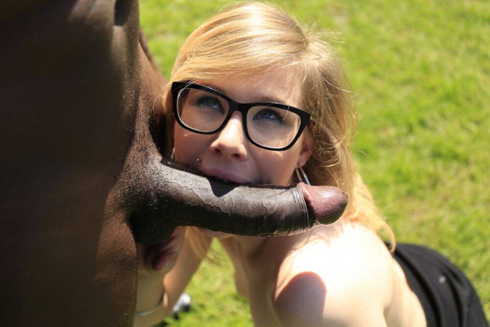 White girl wears her glasses while having sex with a big black dick in a yard - #12