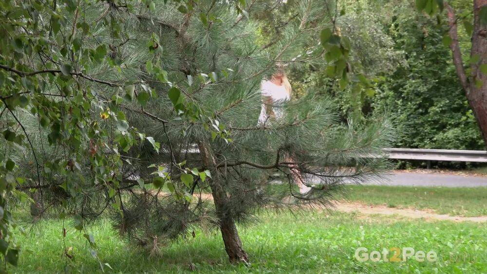 Beautiful blonde Nikki Dream in white lace dress pauses to pee in the park - #13