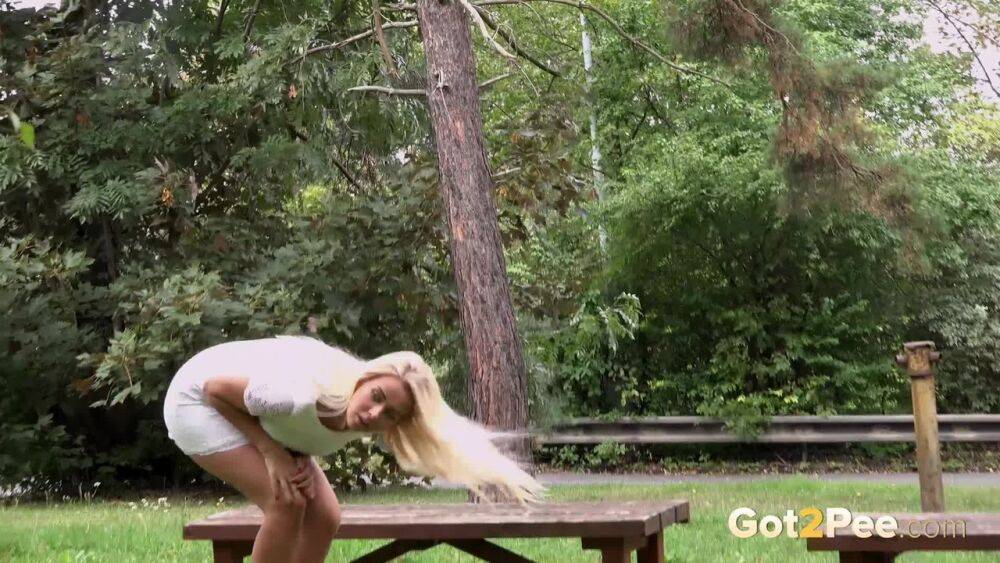 Beautiful blonde Nikki Dream in white lace dress pauses to pee in the park - #3