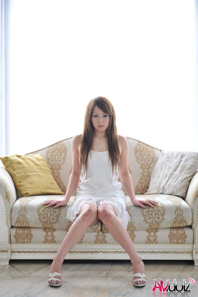 Beautiful Japanese redhead Ichika removes high heeled sandals in white dress - #10