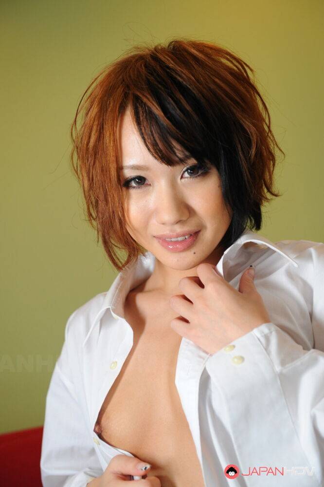 Japanese model Luna covers her breasts with hand and forearm in a white blouse - #8