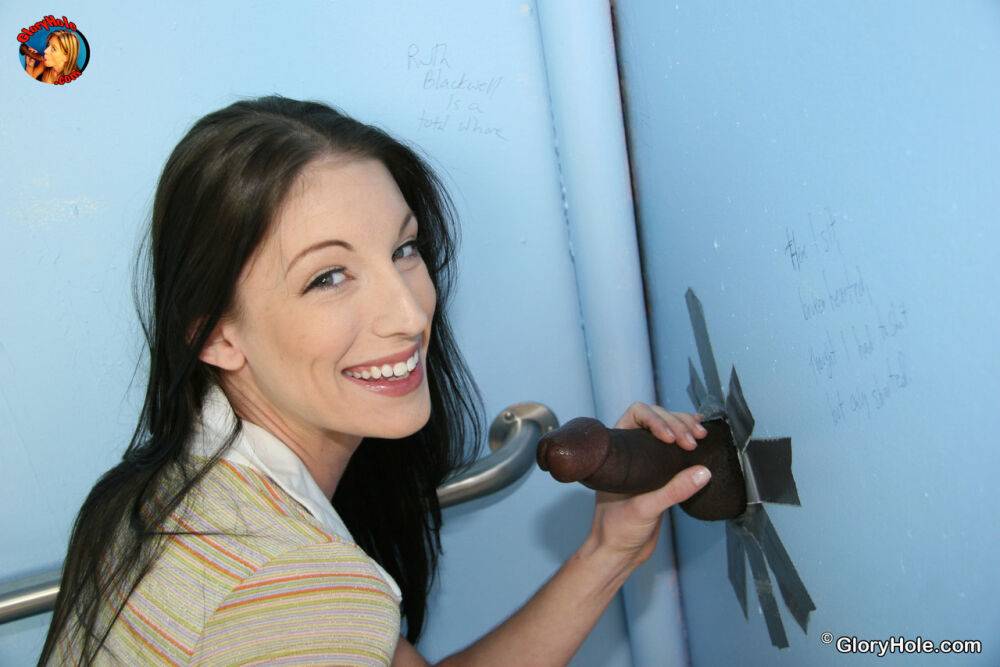 White girl Brandy Lyons sucks the cum from a BBC at a bathroom gloryhole - #10